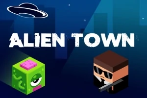 Barevný obrázek s mimozemšťanem, postavou s brýlemi a nápisem ALIEN TOWN na tmavém pozadí s UFO