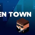 Barevný obrázek s mimozemšťanem, postavou s brýlemi a nápisem ALIEN TOWN na tmavém pozadí s UFO