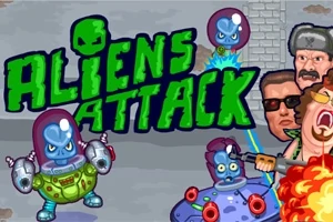 Modří mimozemšťané v helmách bojují s ozbrojenými postavami před cihlovou zdí a nápisem Aliens Attack