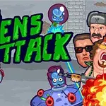 Modří mimozemšťané v helmách bojují s ozbrojenými postavami před cihlovou zdí a nápisem Aliens Attack