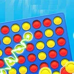 Modrá deska se žlutými a červenými žetony tvořícími řady na světlém modrém pozadí