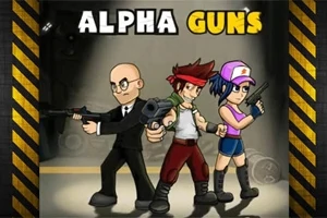 Tři kreslené postavy se zbraněmi stojí vedle sebe, na pozadí nápis ALPHA GUNS