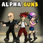 Tři kreslené postavy se zbraněmi stojí vedle sebe, na pozadí nápis ALPHA GUNS
