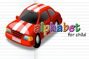 Červené auto s bílými pruhy na podkladu s liniemi, vedle nápisu alphabet for child
