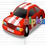 Červené auto s bílými pruhy na podkladu s liniemi, vedle nápisu alphabet for child