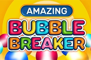 Nápis Amazing Bubble Breaker s barevnými bublinami na žlutém pozadí
