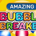 Nápis Amazing Bubble Breaker s barevnými bublinami na žlutém pozadí