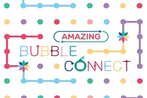 Barevné tečky a linie s nápisem Amazing Bubble Connect na bílém pozadí