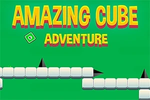Barevný text Amazing Cube Adventure na zeleném pozadí s bílými kostkami a černými špičatými tvary