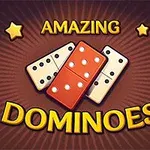 Tři herní kostky domina s nápisem Amazing Dominoes obklopené hvězdami na tmavě hnědém pozadí