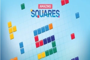 Barevné čtverce a obdélníky tvořící číslo pět na modrém pozadí s nápisem Amazing Squares nahoře