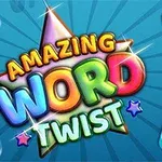 Barevný nápis „Amazing Word Twist“ s písmeny na barevném pozadí s vyobrazenými dlaždicemi písmen