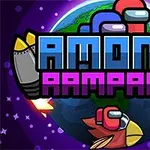 Barevní postavičky a rakety ve vesmíru s nápisem Among Rampage na pozadí planety Země