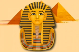 Byusta egyptského faraona Tutanchamona se dvěma pyramidami v pozadí