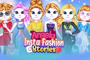 Šest stylizovaných postav v různorodých módních outfitech s barevným nápisem Angela Insta Fashion Stories