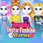 Šest stylizovaných postav v různorodých módních outfitech s barevným nápisem Angela Insta Fashion Stories