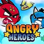 Tři stylizované, naštvaně vypadající ptačí postavy s nápisem Angry Heroes na modrém pozadí s mraky