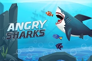 Velký animovaný žralok s otevřenou tlamou pronásleduje barevné ryby na podmořském pozadí s nápisem Angry Sharks