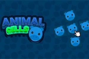 Modrá obrazovka s nápisem ANIMAL CELLS a modrými kruhy s obličejem připomínajícím zvíře, vedle kterých je bílý kurzor