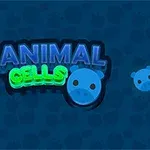 Modrá obrazovka s nápisem ANIMAL CELLS a modrými kruhy s obličejem připomínajícím zvíře, vedle kterých je bílý kurzor