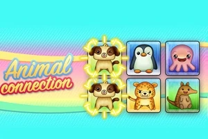 Mřížka s kreslenými zvířaty, včetně tučňáka, pudla, chobotnice, leoparda a klokana, s barevným nápisem Animal Connection nalevo