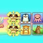 Mřížka s kreslenými zvířaty, včetně tučňáka, pudla, chobotnice, leoparda a klokana, s barevným nápisem Animal Connection nalevo