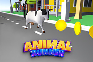 Kráva běží po ulici s mincemi a barevným nápisem ANIMAL RUNNER ve spodní části