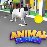 Kráva běží po ulici s mincemi a barevným nápisem ANIMAL RUNNER ve spodní části