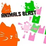 Barevné siluety zvířat v různých pastelových odstínech s nápisem Animals Blast na bílém pozadí