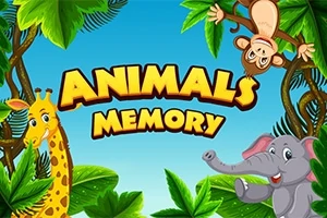 Žirafa, slon a opice obklopení zelenými listy džungle s nápisem Animals Memory na modrém pozadí