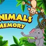 Žirafa, slon a opice obklopení zelenými listy džungle s nápisem Animals Memory na modrém pozadí