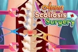 Chirurgický zákrok na lidské páteři s nástroji a nápisem Anna Scoliosis Surgery