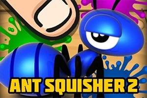 Modrý kreslený mravenec před zelenou a fialovou skvrnou a velkým prstem nad ním s nápisem ANT SQUISHER 2