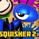 Modrý kreslený mravenec před zelenou a fialovou skvrnou a velkým prstem nad ním s nápisem ANT SQUISHER 2
