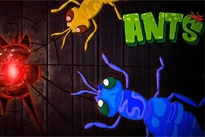 Žlutý a modrý mravenec na tmavém pozadí s nápisem ANTS