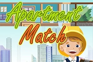 Chlapec s kloboukem se usmívá před městem a barevným nápisem Apartment Match