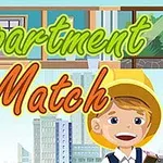 Chlapec s kloboukem se usmívá před městem a barevným nápisem Apartment Match