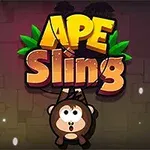 Na obrázku je kreslená opice visící za ocas pod textem APE Sling na barevném pozadí s listy po stranách