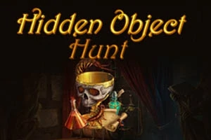 Lebka s helmou, alchymistické lahve a mapa pod textem Hidden Object Hunt