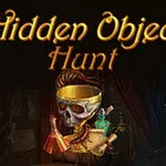 Lebka s helmou, alchymistické lahve a mapa pod textem Hidden Object Hunt