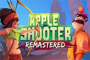 Postava s lukem míří na jablko položené na hlavě jiné postavy, v pozadí je vidět text Apple Shooter Remastered