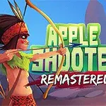 Postava s lukem míří na jablko položené na hlavě jiné postavy, v pozadí je vidět text Apple Shooter Remastered