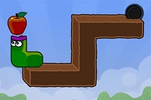 Zelený červ s jablkem na hlavě se pohybuje po hnědé plošině ve tvaru písmene L na pozadí s modrou oblohou a bílými mraky