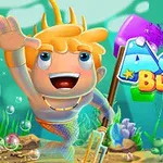 Blonďatý mořský chlapec s ocasem plave pod vodou vedle loga Aqua Blocks a barevných trojúhelníkových bloků