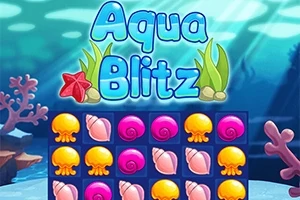 Text „Aqua Blitz“ nad herním polem s ikonami mušlí a medúz v podvodním prostředí