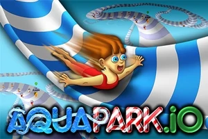 Dítě v červených plavkách sjíždějící modro-bílou tobogánovou dráhu s nápisem AQUAPARK