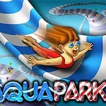 Dítě v červených plavkách sjíždějící modro-bílou tobogánovou dráhu s nápisem AQUAPARK