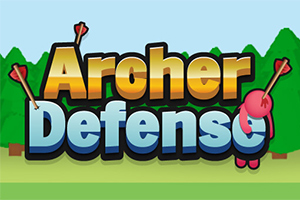 Nápis Archer Defense s šipkami na barevném pozadí lesa