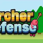 Nápis Archer Defense s šipkami na barevném pozadí lesa