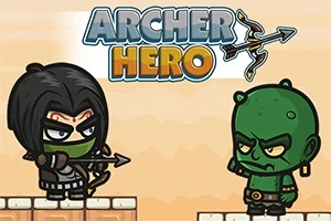 Dva kreslení postavičky stojící proti sobě, vlevo lukostřelec s černou kápí a šípem, vpravo zelený troll, nahoře nápis ARCHER HERO